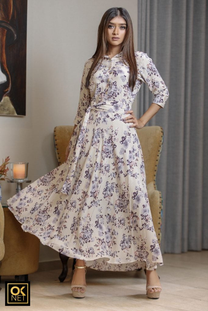 Ivory top buttoned flared dress with collar OK 2035