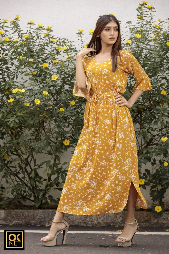 Yellow floral waist tie dress with sleeve peplum OK 2030