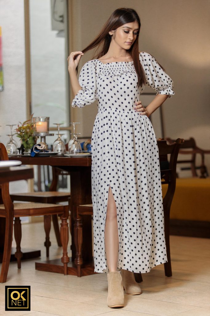 Polka dot neck smock dress with puff sleeve OK 2034
