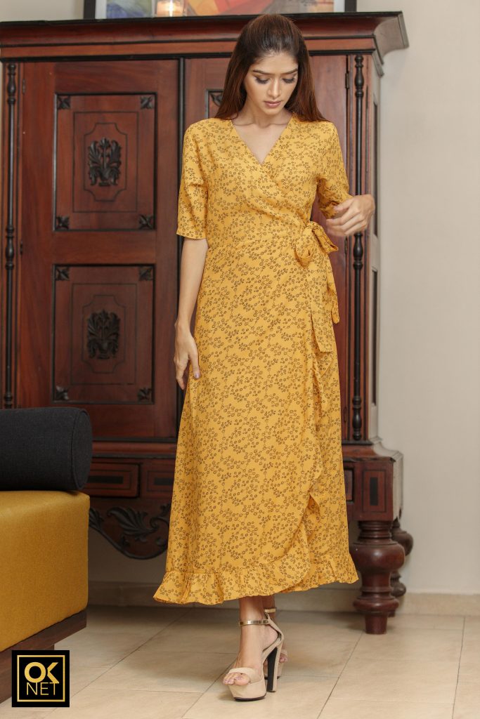 Mustard wrapround frill dress OK 2039
