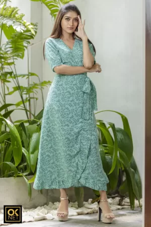 Turquoise wrapround frill dress OK 2040