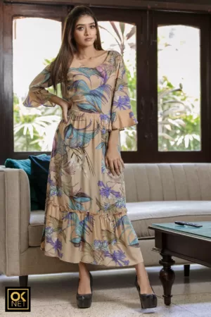 Sleeve peplum peach dress with skirt frill OK 2043