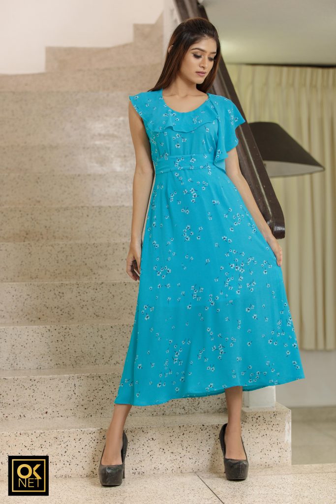 Aqua blue floral neck ruffled dress with single sleeve detail OK 2046