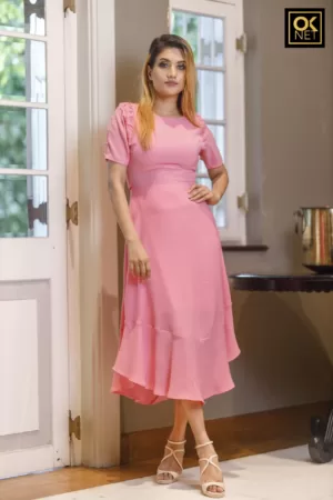 Taffy pink arm gather sleeve  button dress OK3031