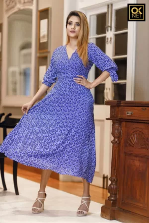 Royal blue flared sleeve smock dress with crisscross neck OK 3033