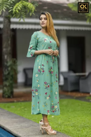 Sea foam green color peplum sleeve dress with draw string waist OK 3030