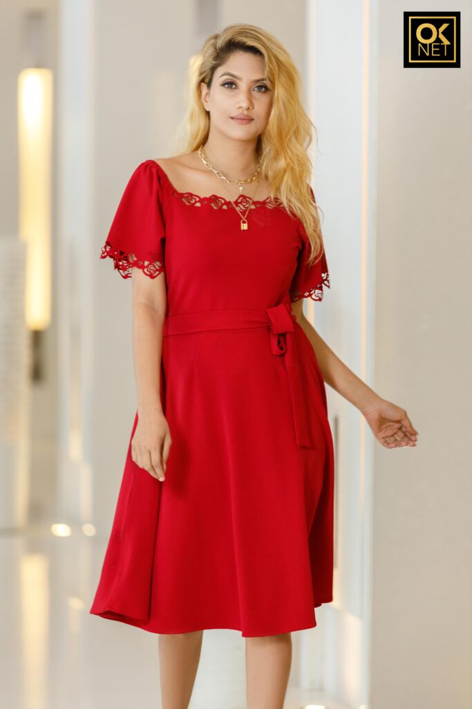 Crimson red lazer cut detail flare dress OK3080