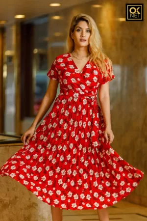 Red printed sunray pleated, criss cross Dress OK3076