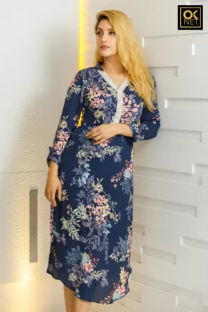 Berry blue long sleeve Chinese collar dress OK 3081