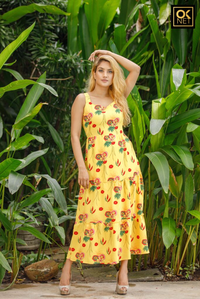 Golden yellow three tier dress OK 3038