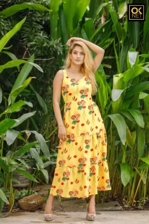 Golden yellow three tier dress OK 3038