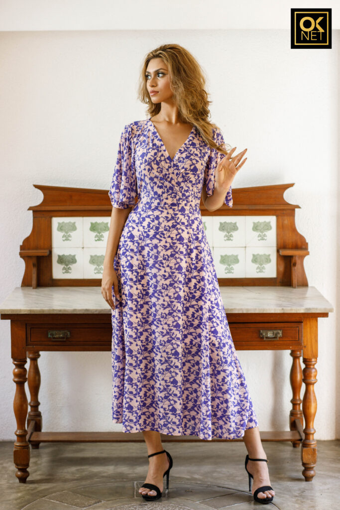 Butterfly sleeve dress with criss cross neck OK 2214