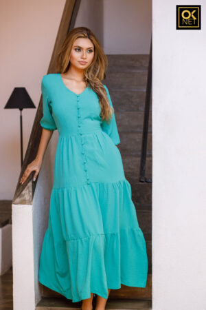 Front buttoned 3 tier skirt dress with puff sleeve OK 22130