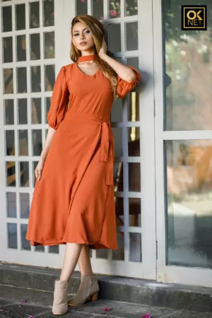 Puffed sleeve dress with neck band OK22128