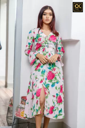 Rose printed top ruched long sleeve dress OK2226