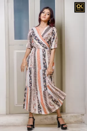 Earth colours stipe printed criss cross dress with 3 tiered skirt OK22233