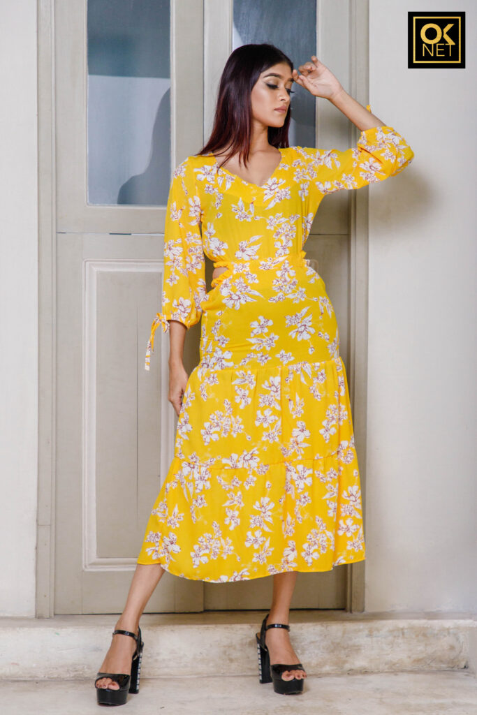 Golden yellow cut out dress with3 tired skirt OK22232