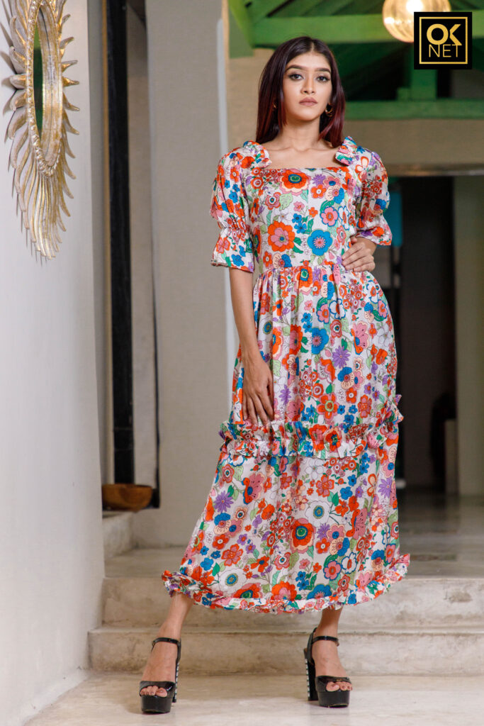 Puffed sleeve floral dress with ruffle line skirt OK22219