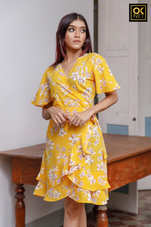 Golden yellow Angel sleeve wrap around short dress Ok22230
