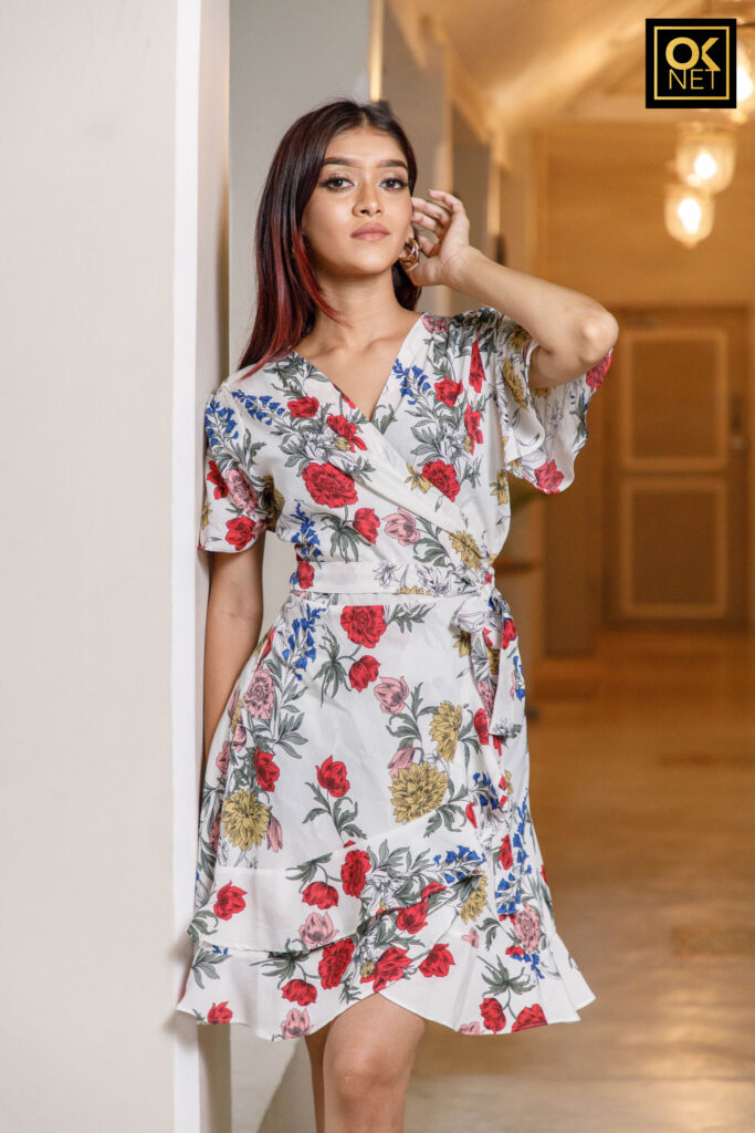 Flower printed Angel sleeve wrap around short dress Ok2221