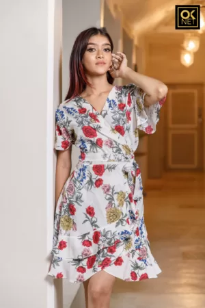 Flower printed Angel sleeve wrap around short dress Ok2221