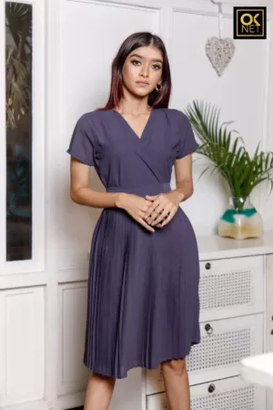 State blue pleated dress with crisscross top OK22239