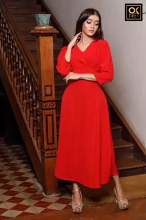 Ruffle sleeve Crimson red dress OK22224