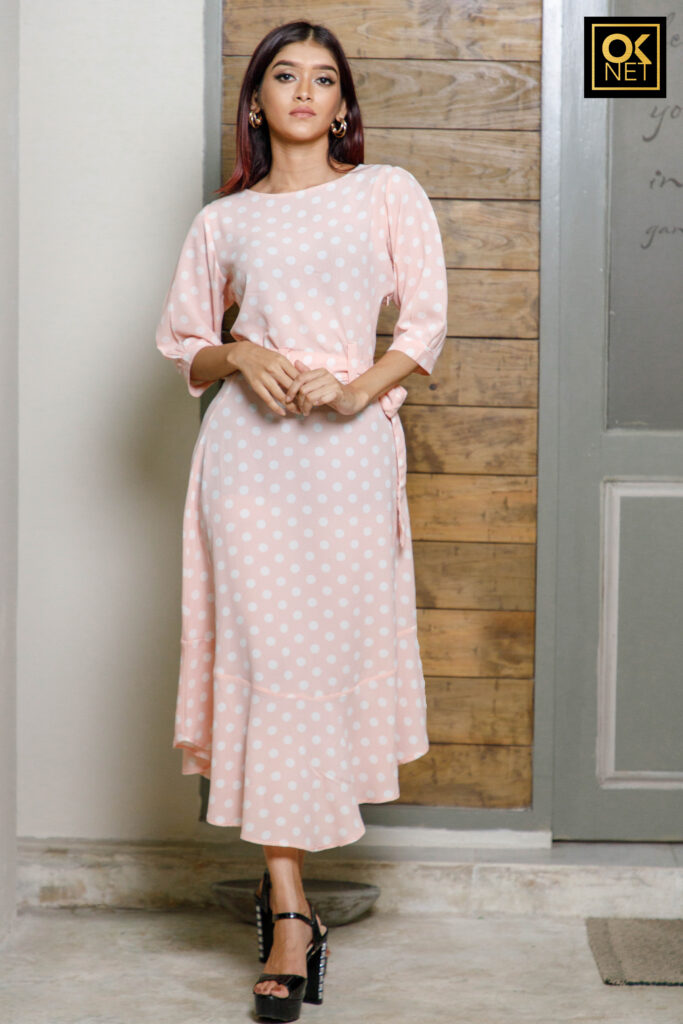 Doted buttoned sleeve boat neck dress OK 22227