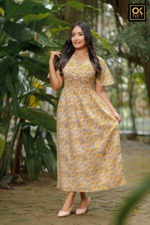 Butterfly sleeve waist shirred dress OK52238
