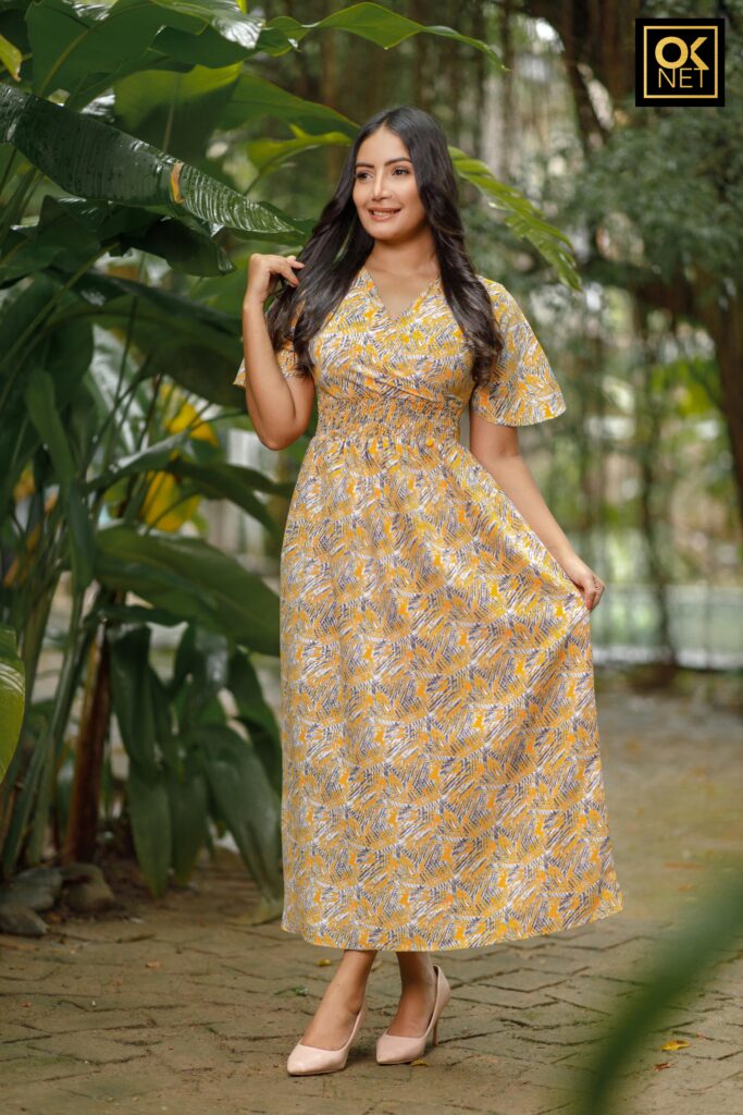Butterfly sleeve waist shirred dress OK52238