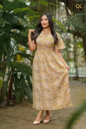 Butterfly sleeve waist shirred dress OK52238