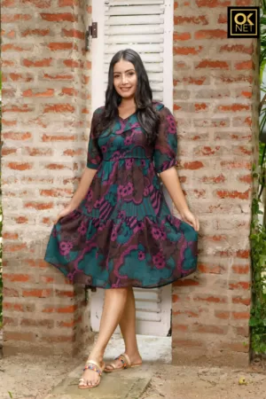 Ruffle neck puffed sleeve dress with flounce hem OK52239