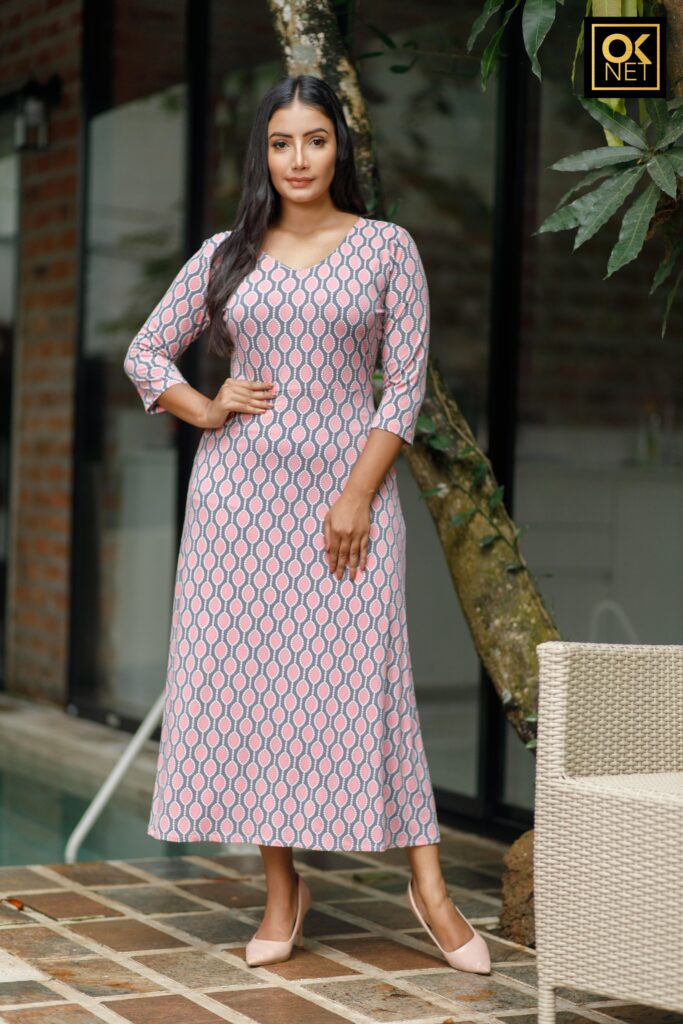 Embossed dot printed three quarter sleeve dress OK52242