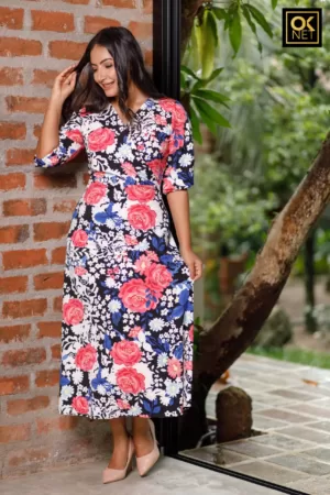 Allover Flower printed puff sleeved criss cross dress OK52230