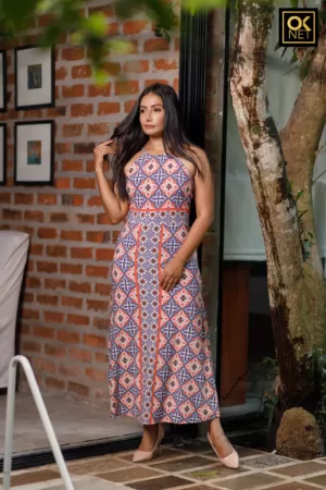 Geo printed neck tie halter dress OK52246