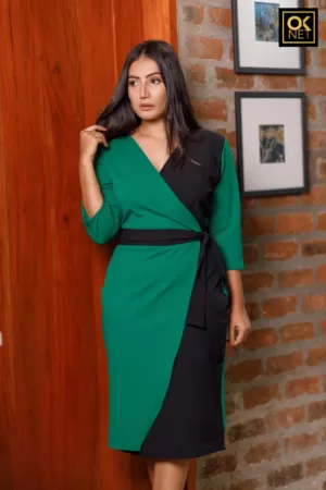 Overlapped skirt detailed green and black two-tone dress OK52247
