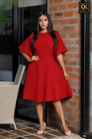 Flared sleeve boat neck dress with flared skirt OK52248