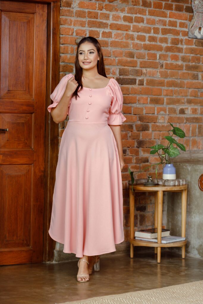 Coral pink self covered buttoned, puff sleeved long dress OK92270