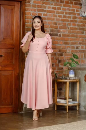Coral pink self covered buttoned, puff sleeved long dress  OK92270