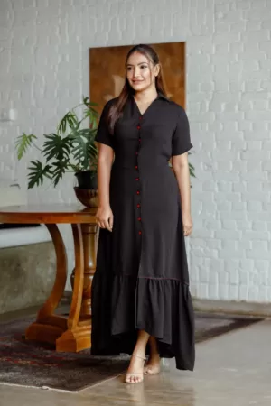 : Black colour high low shirt dress with contrast buttons OK92275