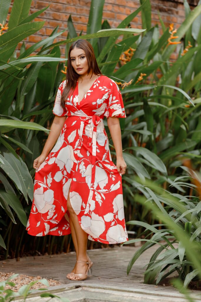 Red printed wrap around dress with butter fly sleeve OK92281