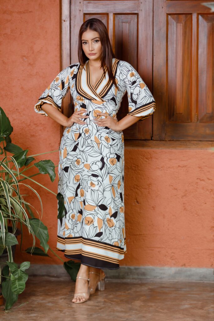 Criss cross boarder dress with balloon sleeve OK92282
