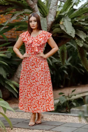Red small floral ruffle neck dress OK92283