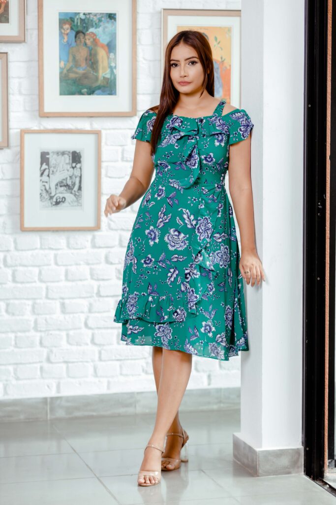 Forest green cold shoulder, ruffle dress OK92287