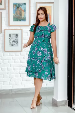 Forest green cold shoulder, ruffle dress OK92287