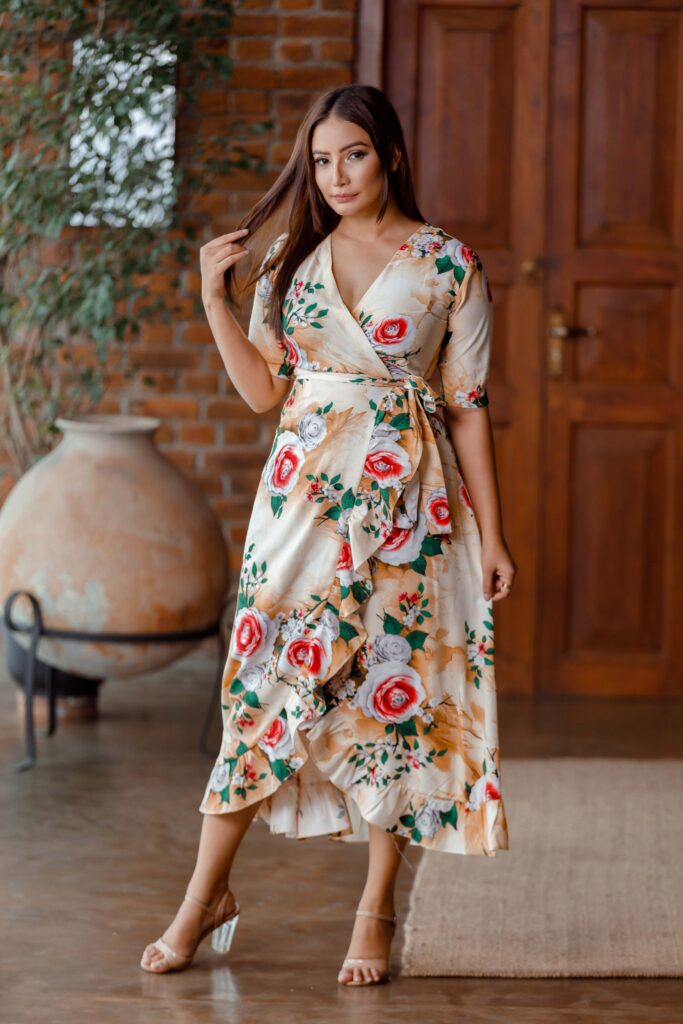 Mellow yellow rose printed ruffle hem wrap around dress OK92290