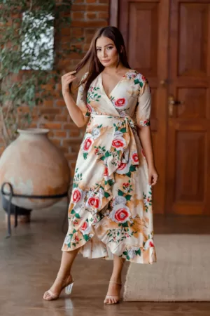 Mellow yellow rose printed ruffle hem wrap around dress OK92290