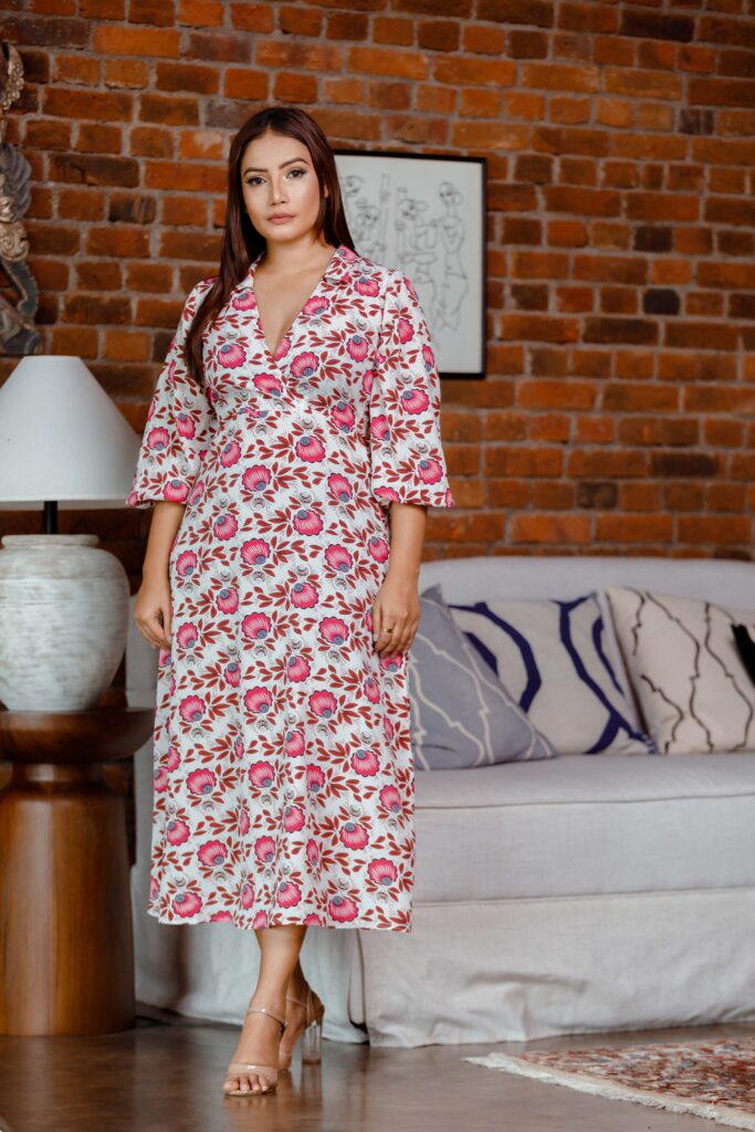 Floral printed criss cross collar dress with balloon sleeve OK92291