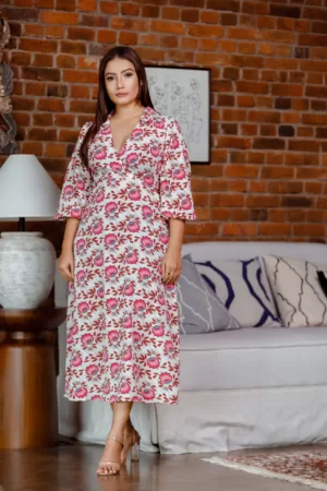 Floral printed criss cross collar dress with balloon sleeve OK92291