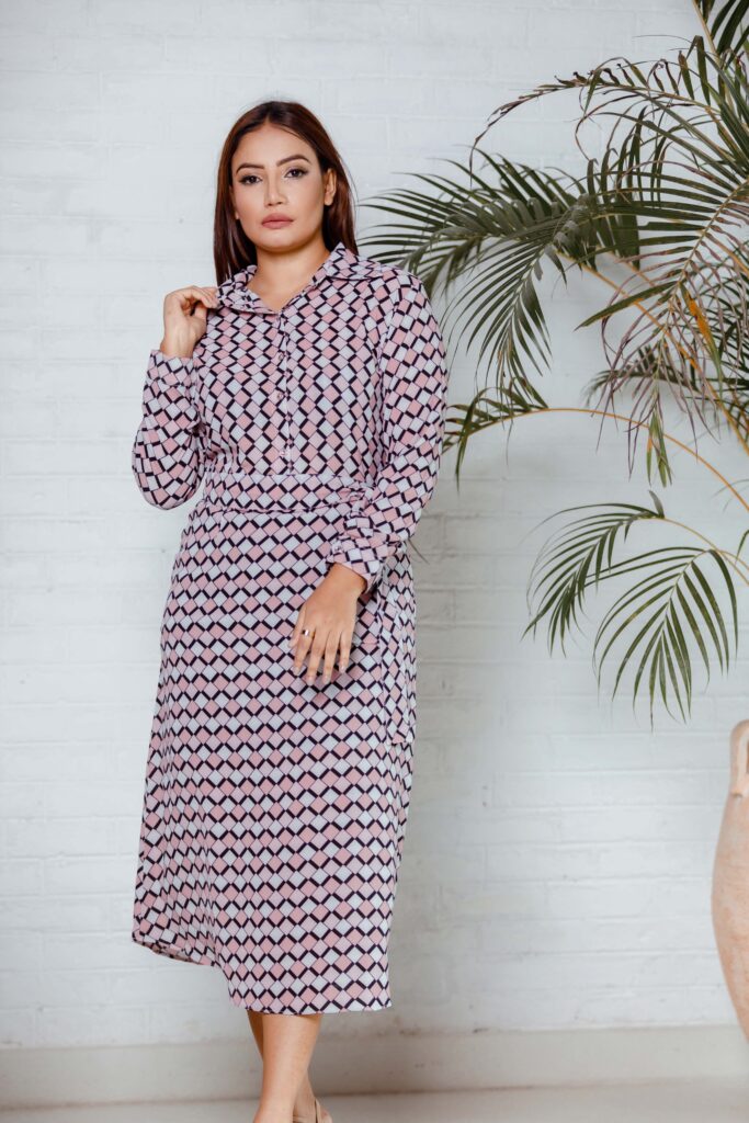 Geo printed shirt top dress with long sleeve with cuff OK92292